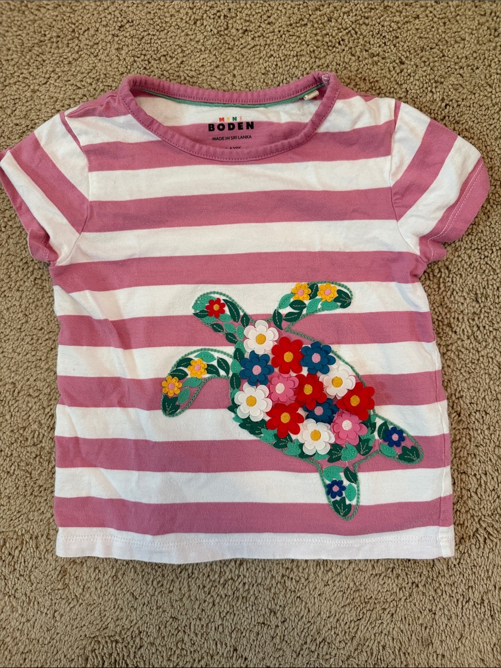 Mini Boden Pink & White Striped Tee with Floral Turtle Appliqué